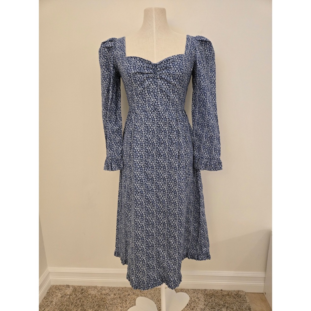 Wilfred Aritzia Blue Ditsy Floral Smocked Midi Dress Long Sleeve Size 2